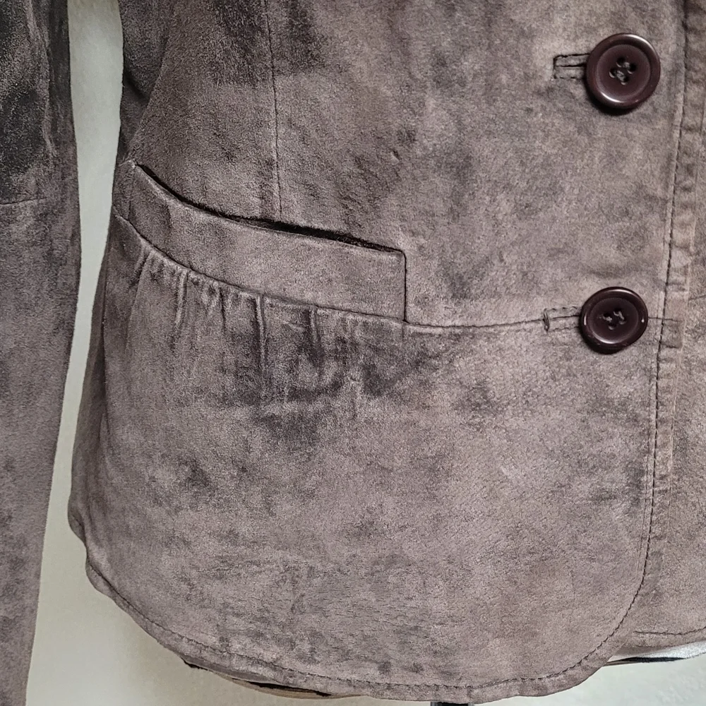 90s Vintage Warm Stone Brown Suede Leather Single Breasted Pleated Blazer Jacket